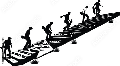 Skateboard silhouettes, walking upstairs, urban motion, stair climb, youth activity, skater progression, dynamic pose, street style, action sequence