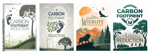 A series of eco-friendly posters focused on carbon footprint reduction and wildlife preservation.