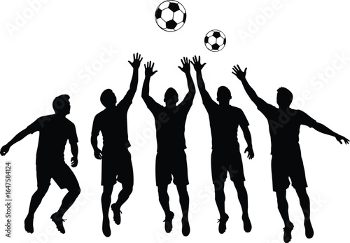 Soccer silhouettes, jumping players, reaching for ball, teamwork motion, athletic action, sports energy, football game, dynamic pose, youth activity