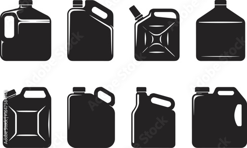 Black plastic jerrycan and fuel container icon set, industrial oil canister vector illustration, gasoline, chemical storage, liquid tank