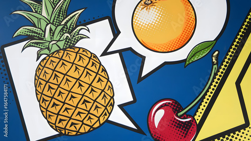 A pop art illustration of three fruits - a pineapple, an orange, and a cherry.