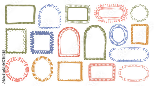 Doodle coastal frame set, hand drawn colorful border collection. Minimal hand drawn square arch and rectangle shapes kit. Elegant retro empty banner, poster, placard, postal stamp. Doodle frame decor.