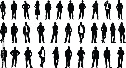 Standing human silhouettes, diverse poses, casual and professional stances, body language illustration, posture study, black figure design elements