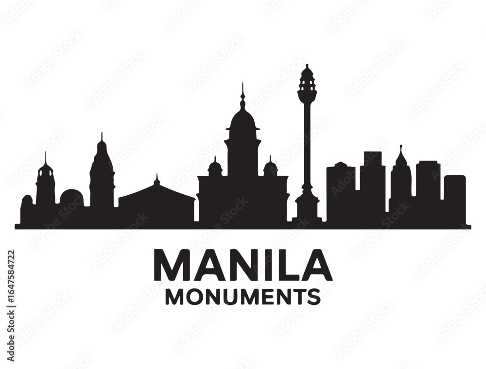 Naklejka premium Detailed manila monuments silhouetted skyline cityscape architecture illustration building city vectorsilhouetted skyline cityscape architecture illustration building city. Vector black silhouette.