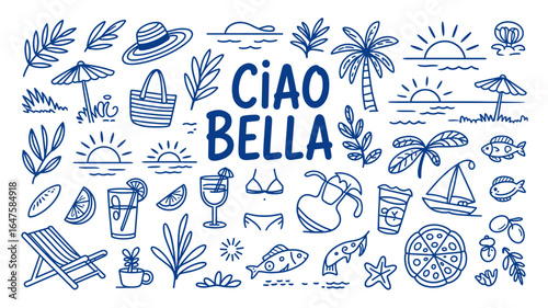 Italian or greek style vacation hand drawn vector icons or emblems in grunge chalk or charcoal rough doodle sketch style. Summer vacation illustrations in ink simple style for poster, placard print.