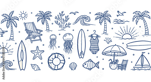 Hand drawn doodle summer beach, sea and surf vector illustration set. Tropical coastal elements palm trees, waves, surfboards, and sun with ornament for t-shirts, posters, and placards prints. 