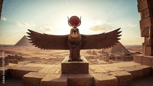 Ancient Egypt Horus Statue with Pyramids in the Desert Sunlight