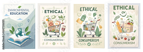 Illustrative posters promoting ethical consumerism and environmental education through engaging graphics.