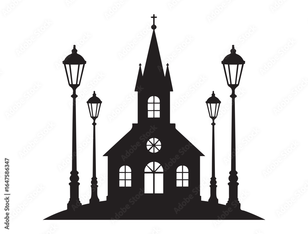 Naklejka premium Town with church, street lamps, decorative vector illustration, black silhouette. Transparency design. Art. Vector black silhouette. with white background