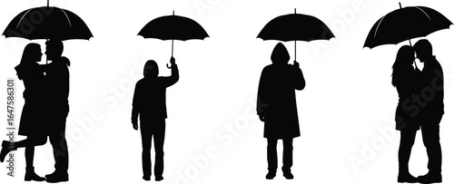 Umbrella silhouettes, romantic couple, rainy day, hooded coat, standing pose, vector people, weather icons, love scene, rain protection