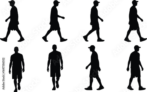 Walking silhouettes, casual outfit, motion sequence, cap and shorts, human movement, walking cycle, black outline, animation reference