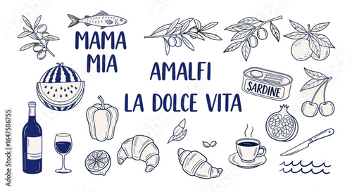 Italian or greek style vacation hand drawn vector illustrations in grunge chalk or charcoal rough doodle sketch style. Summer vacation elements in ink simple style drawings for poster, placard print.