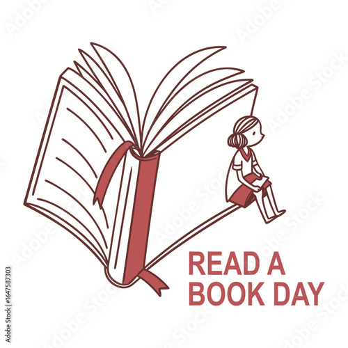 Celebrate Read a Book Day with whimsical illustration of a girl reading on a giant book open to inspire literary adventure and love of stories
