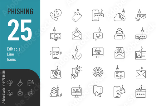 Phishing Editable Icons set. Vector illustration in modern thin line style of scamming related icons: password hacking, money theft, data leakage, and more. Isolated on white background.