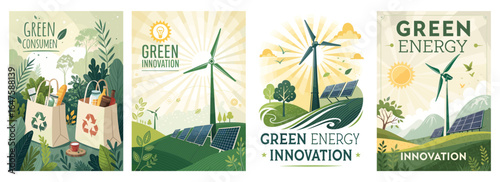 Colorful illustrations promoting green energy, featuring wind turbines, solar panels, and eco-friendly practices.