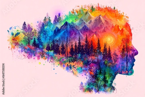 KOLOROWY ABSTRAKCYJNY PORTRET SYLWETKI OSOBY WYPEŁNIONEJ KRAJOBRAZEM