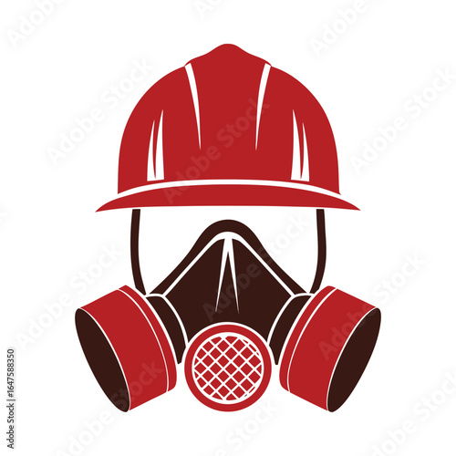 Red and brown gas mask with hard hat graphic symbol respirator protection
