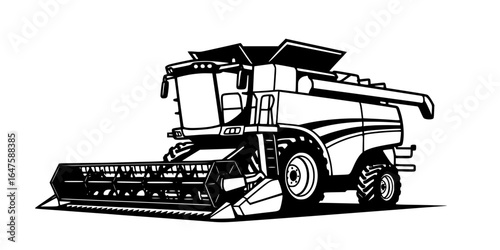 Black and White Vector Illustration of a Combine Harvester
