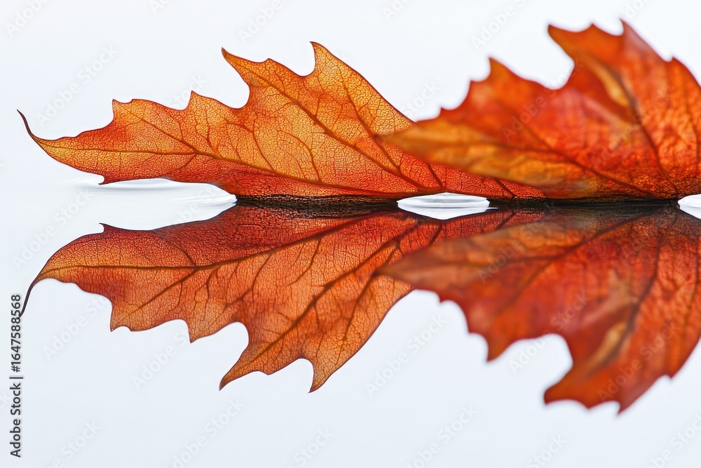 Fototapeta premium A single, translucent autumn leaf floats on still water, creating a perfect reflection.