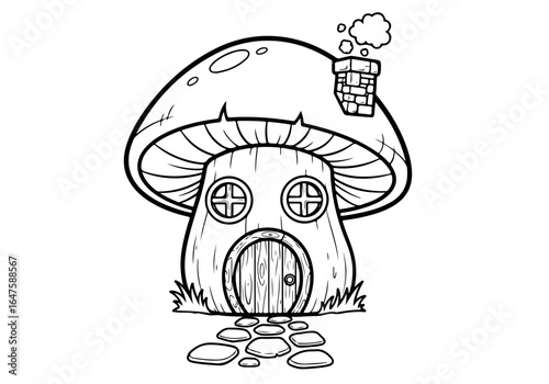 Cartoon mushroom house with bold outlines for kids coloring page