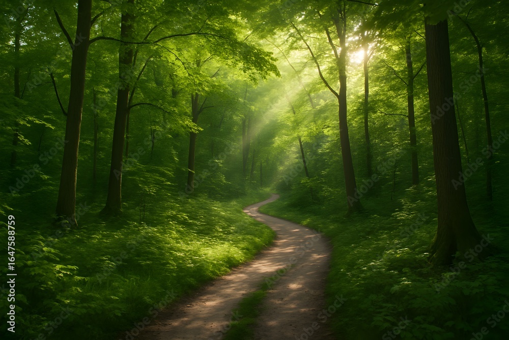 Obraz premium Sunbeams Shining on a Winding Path in a Lush Green Forest