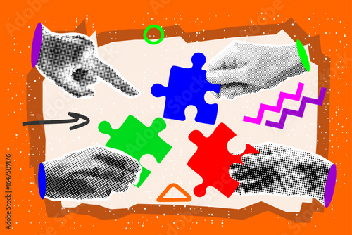 Collage with halftone hands putting puzzle together. Teamwork concept vector pop art retro style illustration. Partnership and relationship design element for infographic, poster, website