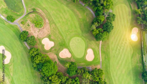 Aerial view of a golf course with fairways, greens, and bunkers