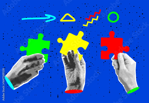 Collage with halftone hands putting puzzle together. Teamwork concept vector pop art retro style illustration. Partnership and relationship design element for infographic, poster, website