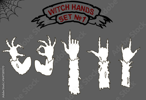 Vector set of witch hands with different gestures - Ok, pointing finger, devil horns (heavy metal) and etc. Punk is not dead!
