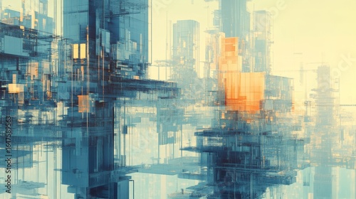 Abstract Futuristic Buildings in Urban Landscape with Colorful Elements