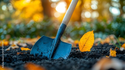 Gardener uses shovel to dig soil in autumn landscape filled with fallen leaves