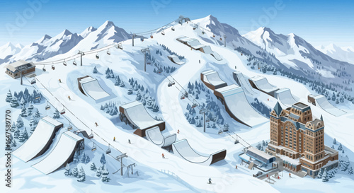 Illustration of a snowy mountain ski resort with ski lifts, half pipes, and a large hotel building isometric drawing