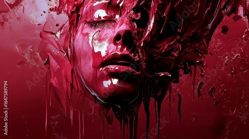 Abstract Red Portrait with Dripping Paint and Surreal Features