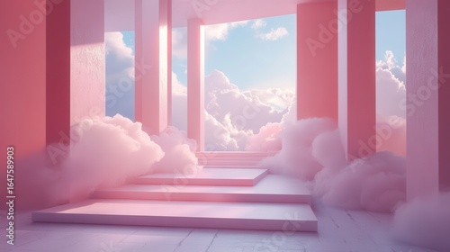 Serene Pink Dreamscape with Clouds and Soft Light Effects