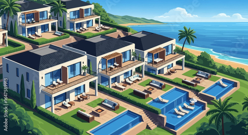 Illustration of luxury villas with pools and ocean view on a tropical hillside resort setting isometric drawing