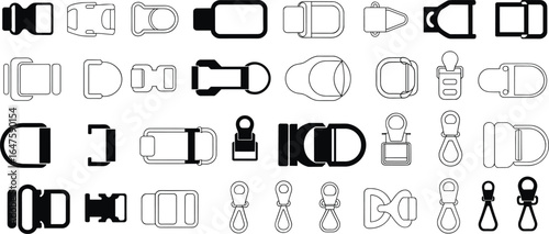 Collection of black and white line art and silhouette buckles and clips fastener hardware