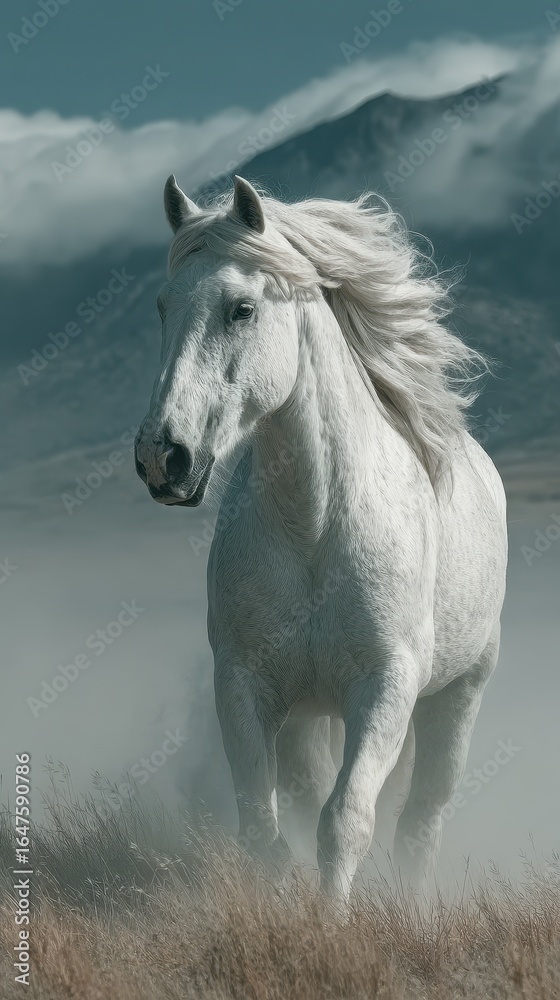 Obraz premium Majestic white horse galloping through misty grassland with mountains in the background during a cloudy day