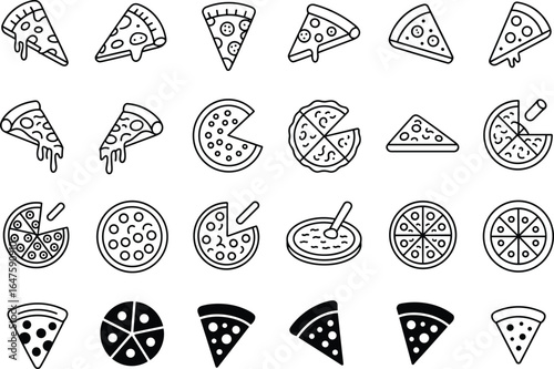 Collection of black and white pizza slice and whole pizza icons food
