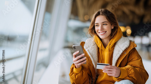 Young woman smiling while paying with smartphone and card in brightly lit airport terminal, showing secure fintech solutions, background for banking, e-commerce, apps, travel advertising