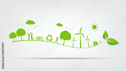 Green eco lifestyle illustration with people cycling, jogging, wind turbines, solar panels, recycling symbol, and leaves promoting renewable energy, sustainability, and environmental conservation