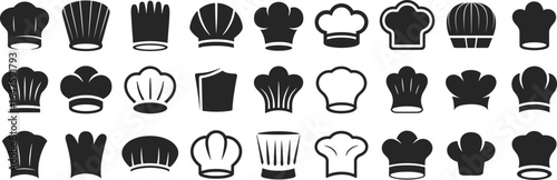 Collection of black chef hats and cooking headwear icons toque blanche cooking hat