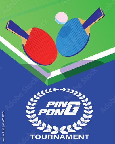 Ping pong tournament, competition banner, two rackets, ball on tennis table background, vector illustration flat style. Championship poster design, professional game, winner, table tennis concept, spo