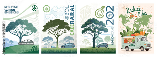 Collection of eco-friendly illustrations focused on reducing carbon emissions and promoting sustainable practices.