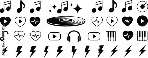 Collection of black music and sound related icons  music notes heart beat