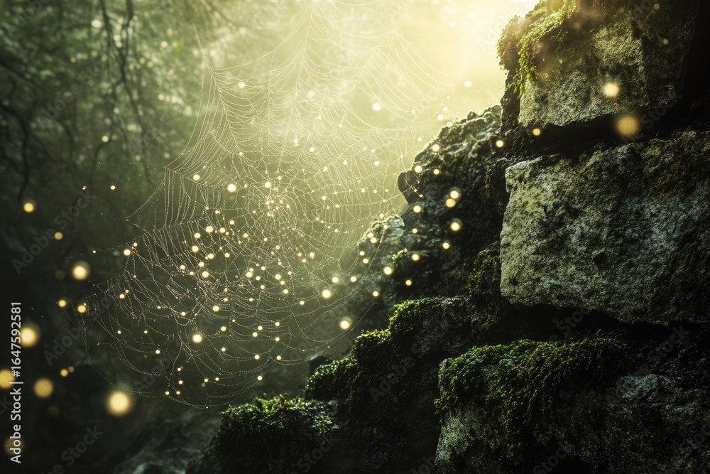 Fototapeta premium Enchanted forest scene: A spiderweb adorned with glistening dewdrops and fireflies near moss-covered stones.