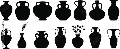Collection of black silhouette ancient Greek amphorae and vases pottery ceramic