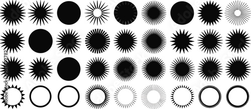 Collection of black starburst sun shapes and circles  abstract geometric