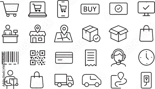 Click and Collect Online Shopping Editable Stroke Outline Icon Set Pixel Perfect Vector Icons for E-Commerce and Retail