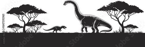 Dinosaur silhouette landscape with trees, prehistoric nature scene, Jurassic park illustration, wild ancient reptiles, black vector art, outdoor wildlife background