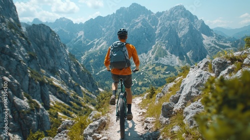 Mountain biker on a scenic trail.  A man on a mountain bike